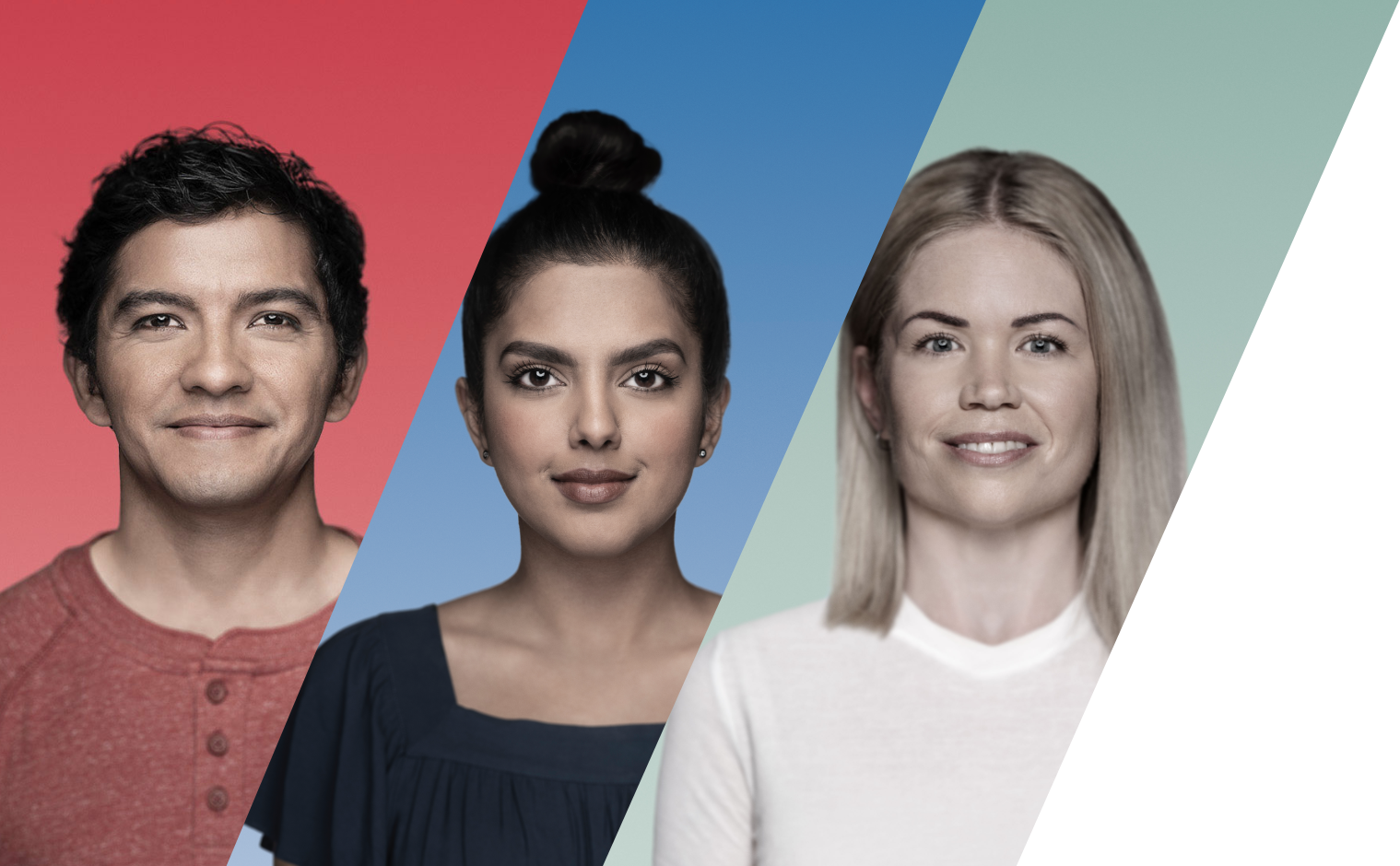 man and two women side by side with diagonal red, blue, and green stripes in background