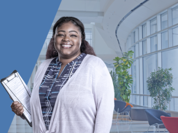 Female with clipboard professional building