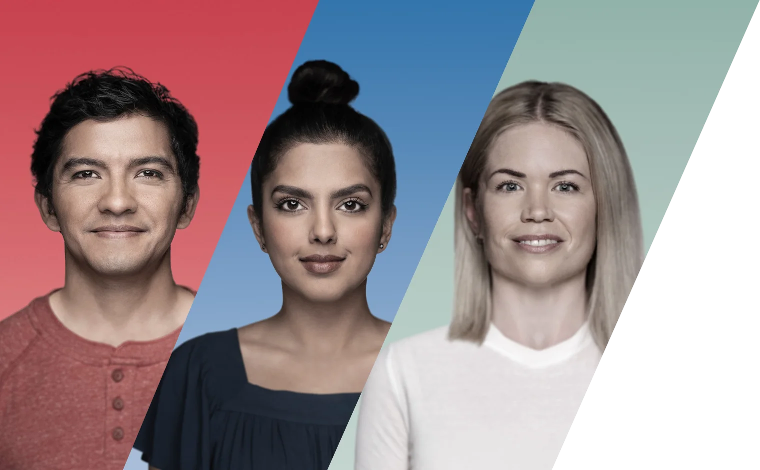 man and two women side by side with diagonal red, blue, and green stripes in background